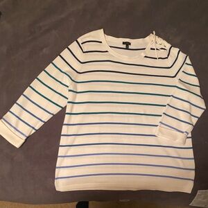 NWOT Talbots Pullover Cream Sweater With Blue Stripes  Lace Detail Size XL